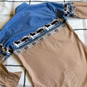 Western-Style Blue and Tan Oversized Snap Shirt